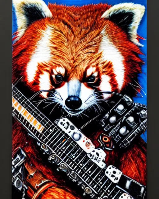 Prompt: a portrait of an anthropomorphic cyberpunk red panda shredding an electric guitar by sandra chevrier, by jon foster, detailed render, electric guitar, epic composition, cybernetics, 4 k realistic, cryengine, realistic shaded lighting, sharp focus, masterpiece, by enki bilal