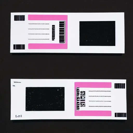 Image similar to a polaroid photo of tickets printed “ to the metaverse ” text, vector graphic design of pale pink airline tickets that read “ to the metaverse ” in bold text, alien ar code and e - ink display, highly detailed, no noise, coherent text english characters