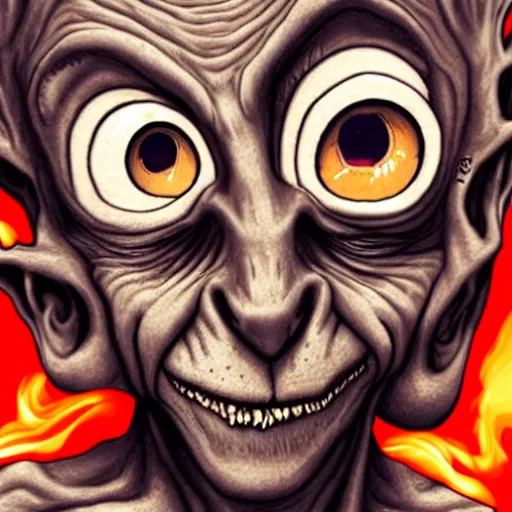 Image similar to Gollum with big red eyes smokes blunt