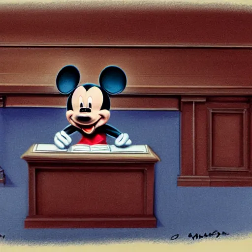 Image similar to detailed background courtroom sketch of vintage disney character mickey mouse presenting evidence of copyright infringement to the judge bench court room wooden serious dark tone