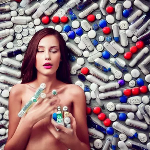 Image similar to a beautiful female model surrounded by pills and alcohol bottles