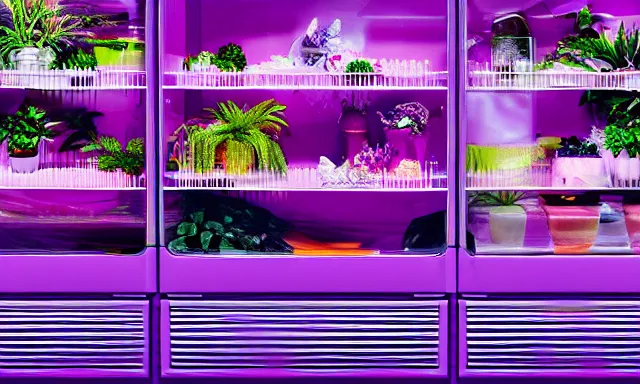 Image similar to purple refrigerator in a vaporwave jungle, 4k Photograph