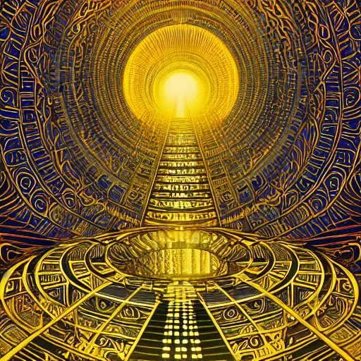 Prompt: vivid illustration of a person choosing between tunnels inside a highly intricate torus with detailed golden ornamentation and golden light, choosing between pathways