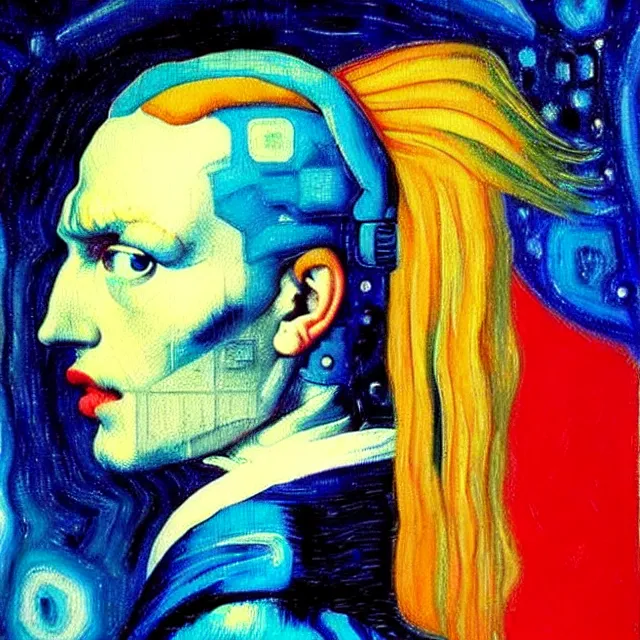 Image similar to a beautiful painting cyberpunk robot donald trump face, by kelly mckernan guido reni jan vermeer brief biography van gogh edvard munch dana irving lawren harris realistic oil painting