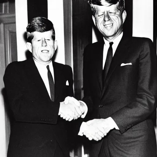 Image similar to black and white photo of president kennedy shaking hands with an alien