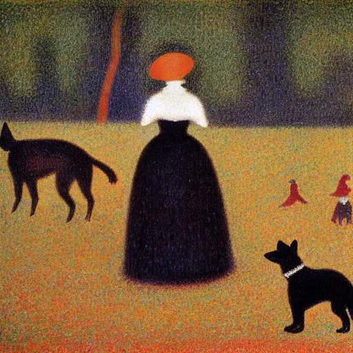 Image similar to a woman and her black and brown chihuahua in a park by georges seurat