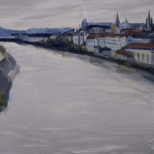 Image similar to very abstract painting of the rhine in basel, very rough brush strokes, the munster in the background, muted greyscale colors, great composition