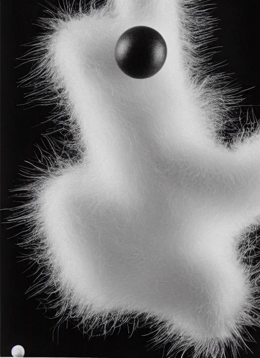 Image similar to realistic object photo of body made of black and white ping pong balls, hairy fluffy caterpillars, readymade, dadaism, fluxus, man ray, x - ray, electronic microscope 1 9 9 0, life magazine photo