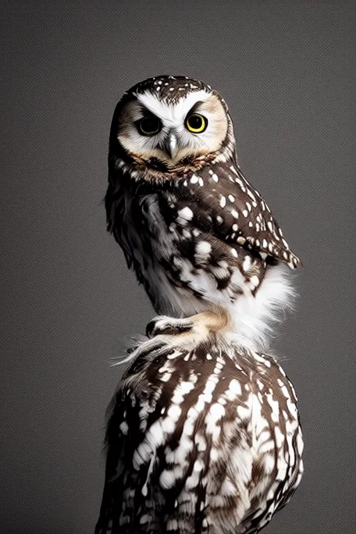 Prompt: cute little owl wearing black biker jacket, portrait photo, backlit, studio photo, dark plasma background