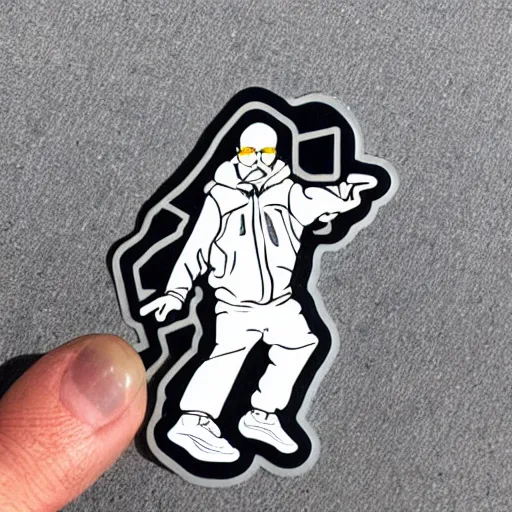 Image similar to die cut sticker, walter white breakdancing in techwear splatter paint