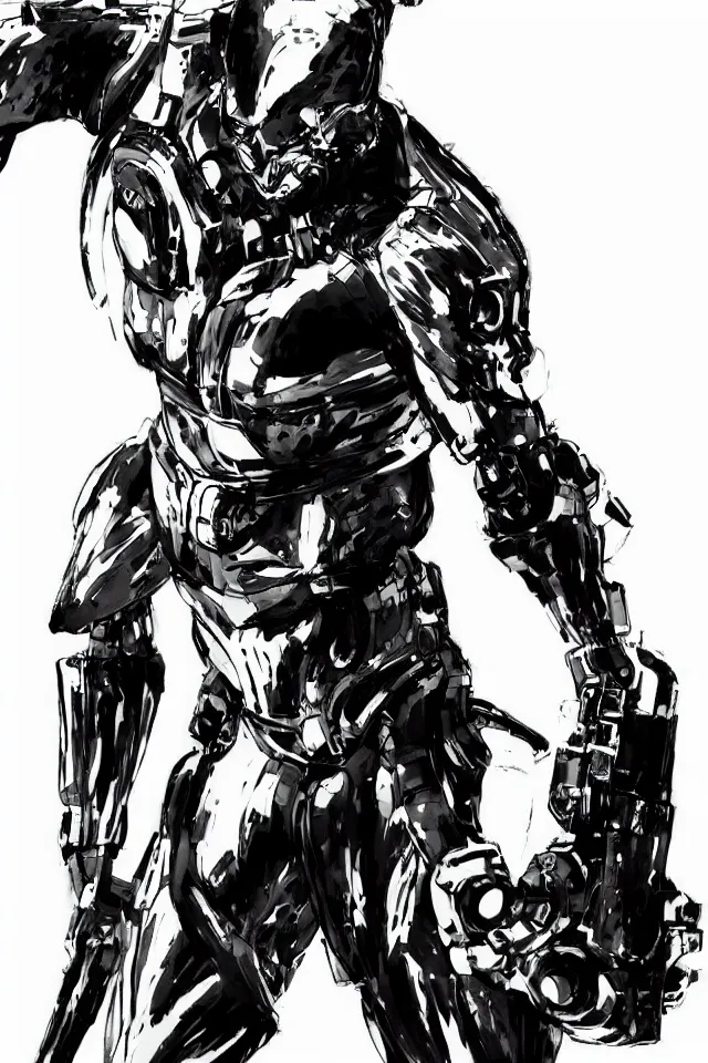 Image similar to a full - body portrait of cyborg ninja oda nobunaga, in yoji shinkawa's art style, metal gear solid art style, highly detailed, 4 k, artistic, white background, b & w