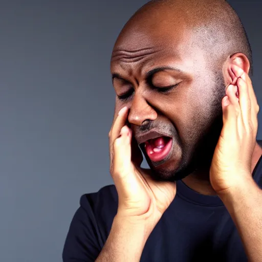 Prompt: bald black man crying while playing on pc