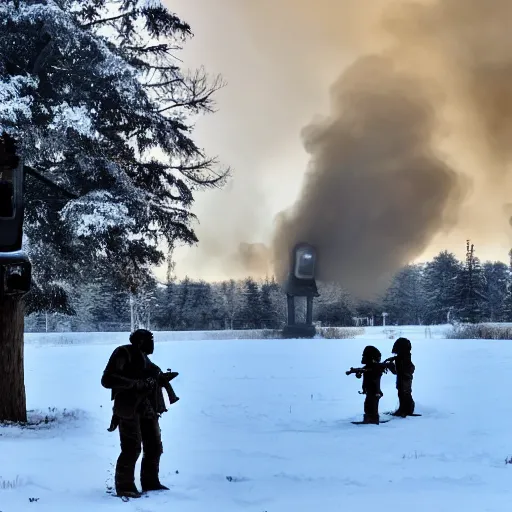 Image similar to snowy fields, snowy trees, partisans with guns, humanoid robots with machine guns, billowing smoke in the distance