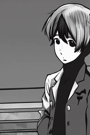 Image similar to attractive little boy wearing an bunny suit, black and white artwork in manga style, made by makoto shinkai