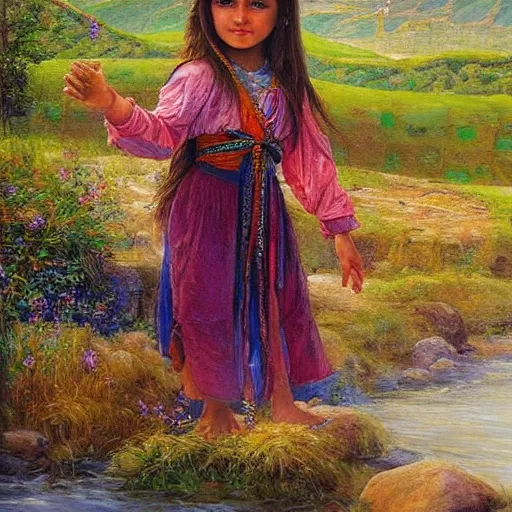 Image similar to beautiful painting by sophie anderson of a beautiful young kurdish girl by a river in a kurdish village, award winning art, insanely detailed, bright colors, global illumination, cute, young, stunning