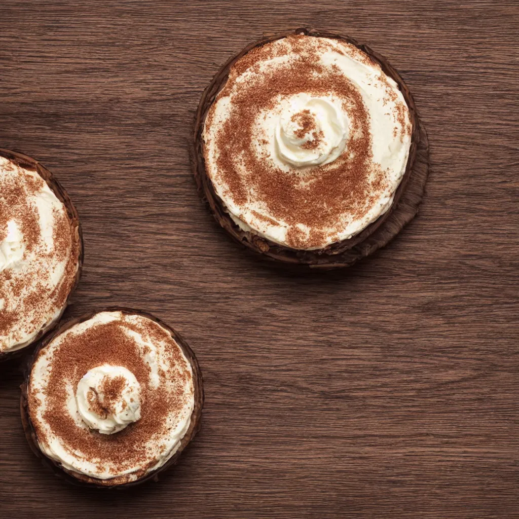 Prompt: close - up view of tiramisu on top of a wooden table, 8 k, high detail, photorealistic, proper shading