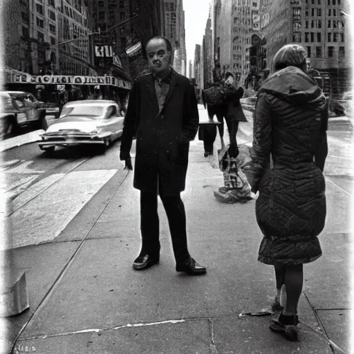 Image similar to street photograph portrait in new york from the year 1 9 6 0, ultra - detailed hyper - realistic, photographed on damaged film