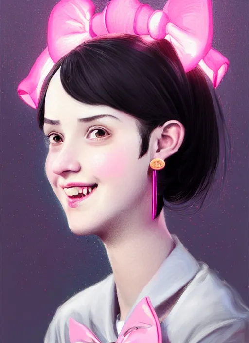 Image similar to portrait of high school girl, realistic, black hair, bangs, half updo hairstyle, pointy nose, skinny, smile, ugly, defined jawline, big chin, pink hair bow, earrings, intricate, elegant, glowing lights, highly detailed, digital painting, artstation, sharp focus, illustration, art by wlop, mars ravelo and greg rutkowski