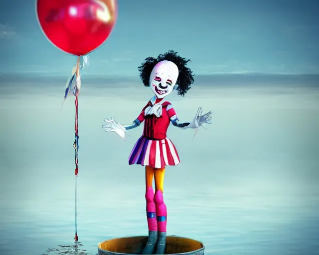 Image similar to beautiful clown girl robot alien standing on a water tank