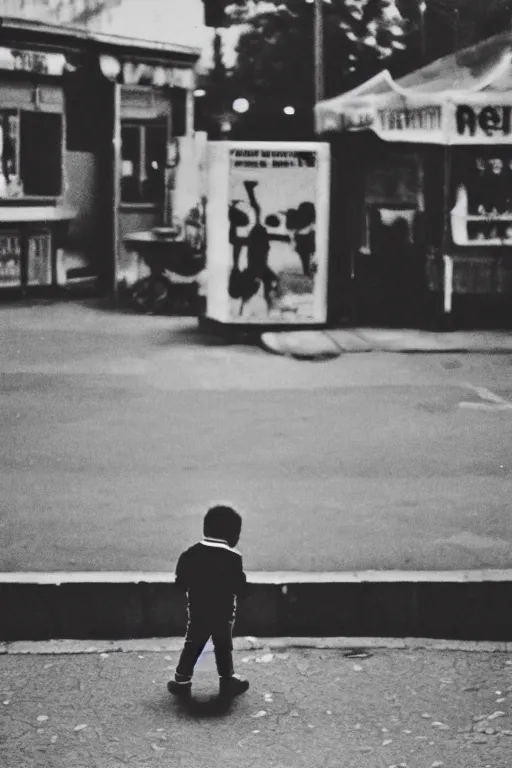 Prompt: photo polaroid of sad and lonely child in the middle of the street, in front of him a funfair, loneliness, war, black and white ,photorealistic, 35mm film,