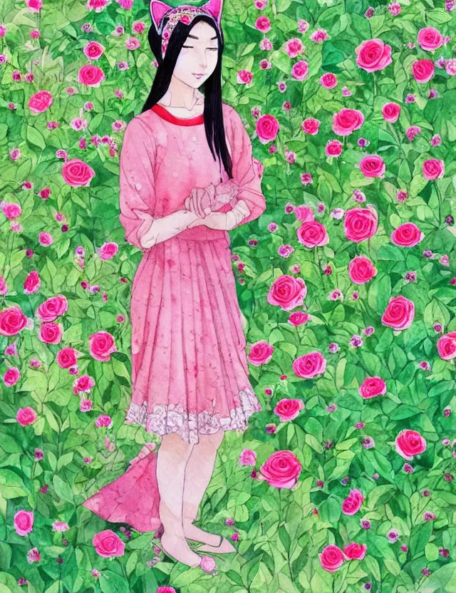 Prompt: central asian woman with cat ears, wearing a lovely dress in a rose garden. this watercolor painting by the award - winning mangaka has impeccable lighting, an interesting color scheme and intricate details.