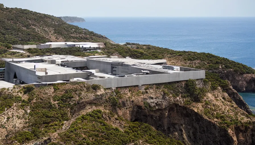Image similar to big military base perched on a cliff overlooking a magnificient bay, laboratory, drawing architecture, pritzker architecture prize, greig fraser