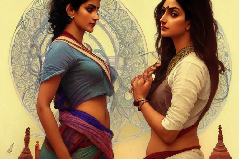 Image similar to sensual pale beautiful indian doctor in jeans, art deco portrait, elegant, intricate, digital painting, artstation, concept art, smooth, sharp focus, illustration, art by artgerm and greg rutkowski and alphonse mucha