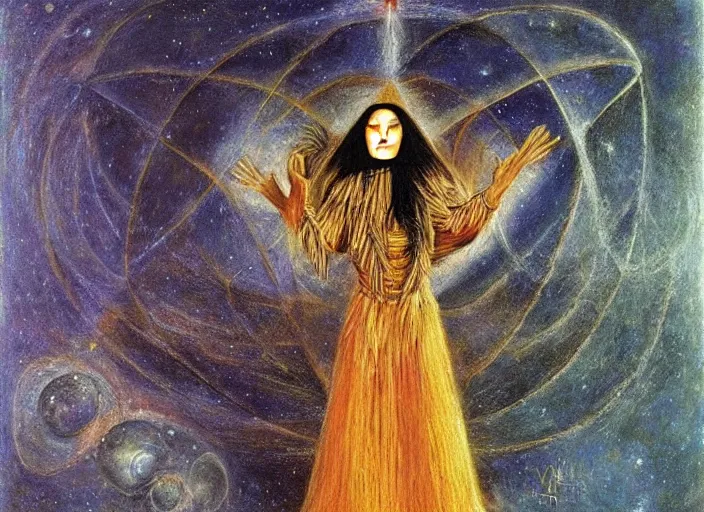 Prompt: a shaman woman holding up the cosmic!!!! universe, by remedios varo, reflection, symbolist, pastel colors, dramatic lighting, smooth, sharp focus, extremely detailed, aesthetically pleasing composition