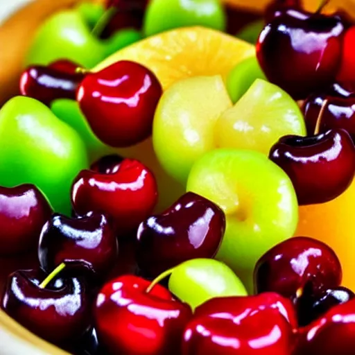 Prompt: cherries in a fruit salad, photorealistic