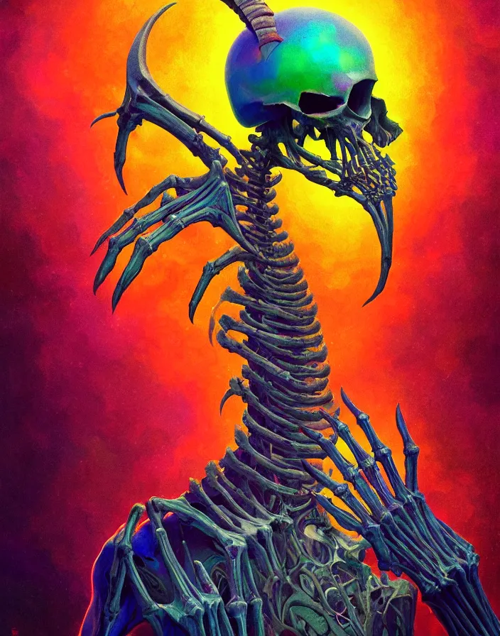 Prompt: a psychedelic portrait of omin dran skeletal mind flayer psion goat skull politician, vibrant color scheme, highly detailed, in the style of romanticism, cinematic, artstation, moebius, greg rutkowski