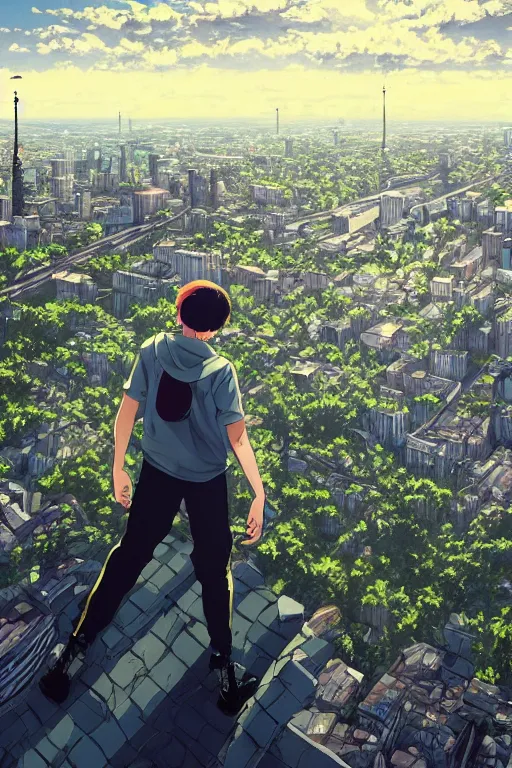 Image similar to sad gopnik boy in black adidas sportswear squating фand looking atop of a urban plateau filled with soviet residential buildings, summer, dreamy, beautiful clouds, birds in the sky, ultra detailed, beautiful lighting, wallpaper, cityscape, beautiful artwork by makoto shinkai