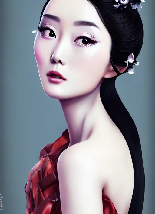 Prompt: beautiful chinese fashion goddness like fanbingbing, strapless dress, character portrait in the style of thomas river and artgerm, wlop, cinematic lighting, hyperdetailed, 8 k realistic, symmetrical, global illumination, radiant light, halo, love and mercy, frostbite 3 engine, cryengine, dof, trending on artstation, digital art, chanel