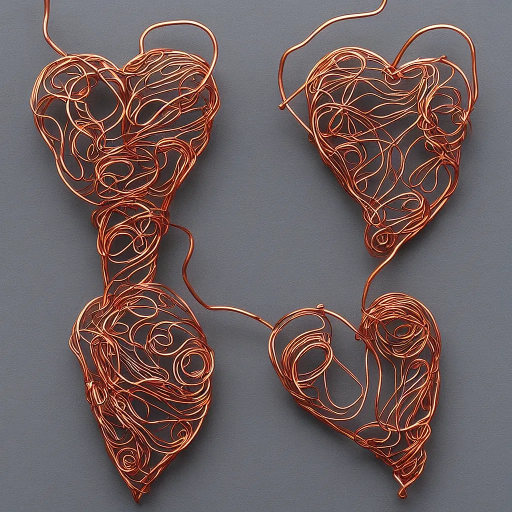 Image similar to a very beautiful tiny ( ( ( ( human heart ) ) ) )!!!!!!!!!!!!!!!!!!!!!!!!! organic sculpture made of copper wire and threaded pipes, very intricate, curved. studio lighting, high resolution, high quality, black background