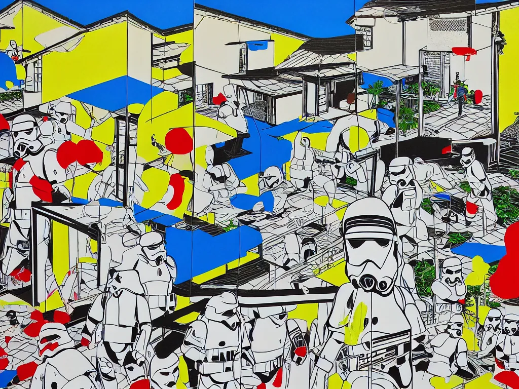 Image similar to hyperrealism composition of the japanese house with a hot springs in the garden, detailed stormtrooper in hot springs, pop - art style, jacky tsai style, andy warhol style, roy lichtenstein style, acrylic on canvas