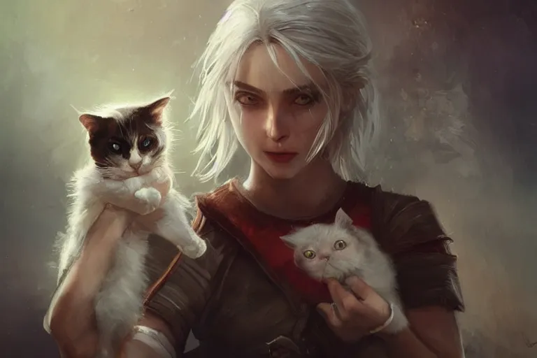 Prompt: Ciri holding a cat, beautiful lighting, expressive oil painting, trending on artstation, digital art, by Yoshitaka Amano