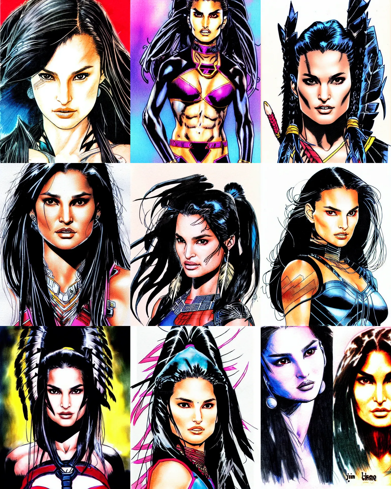 Prompt: jim lee!!! ink colorised airbrushed gouache sketch by jim lee close up headshot of native indian chinese natalie portman cindy crawford with black long hair in the style of jim lee, x - men superhero comic book character by jim lee