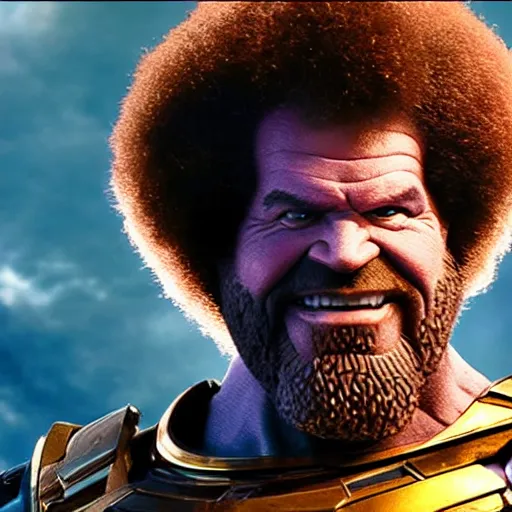 Image similar to bob ross as thanos, movie still, cinematic lighting