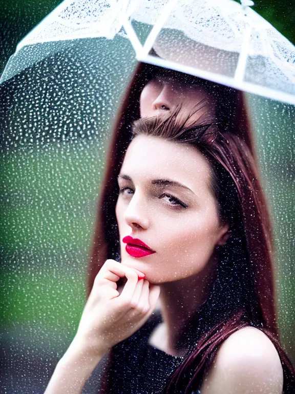 Prompt: kodak ektar 1 0 0 photo of a beautiful woman, lucy rosiek style 3 / 4, surrounded by rain in style of valeria lobbia, 1 5 0 mm lens, f 1. 2, elegant, highly detailed, sharp focus, head in focus, soft blur background, matt dreamy colours, volumetric lighting, hyper realistic