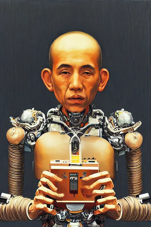 Image similar to robot monk painting a self - portrait on a canvas. intricate, highly detailed, photorealistic, film still, by christopher doyle.