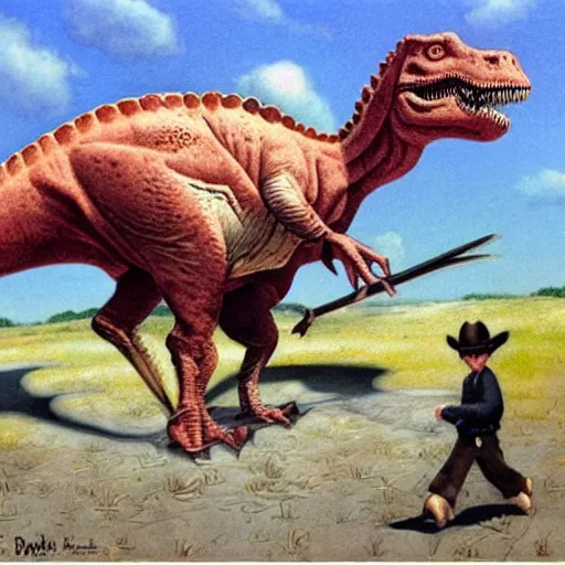 Prompt: dinosaur as a cowboy, artwork by Daniel Merriam,