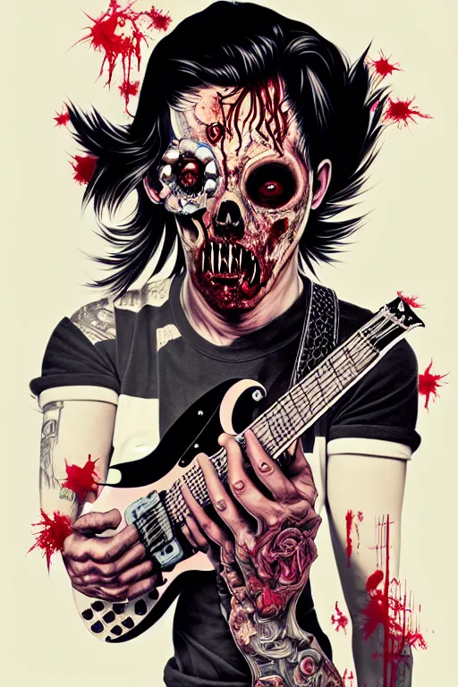 Image similar to zombie punk rocker playing guitar, tristan eaton, victo ngai, artgerm, rhads, ross draws, intricated details, 3 / 4 view, full body portrait