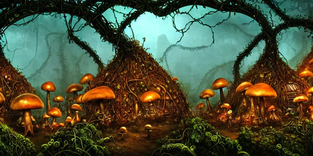 Image similar to a jungle village of cybernetic mutants and their mushroom tents, matte oil painting, retrofuturistic, science fantasy, roguelike, rusted vines, salt powder, lgbt, queer, rpg, epic, dungeons & dragons, sacred, sharp focus, award - winning, extremely detailed, 4 k, 8 k