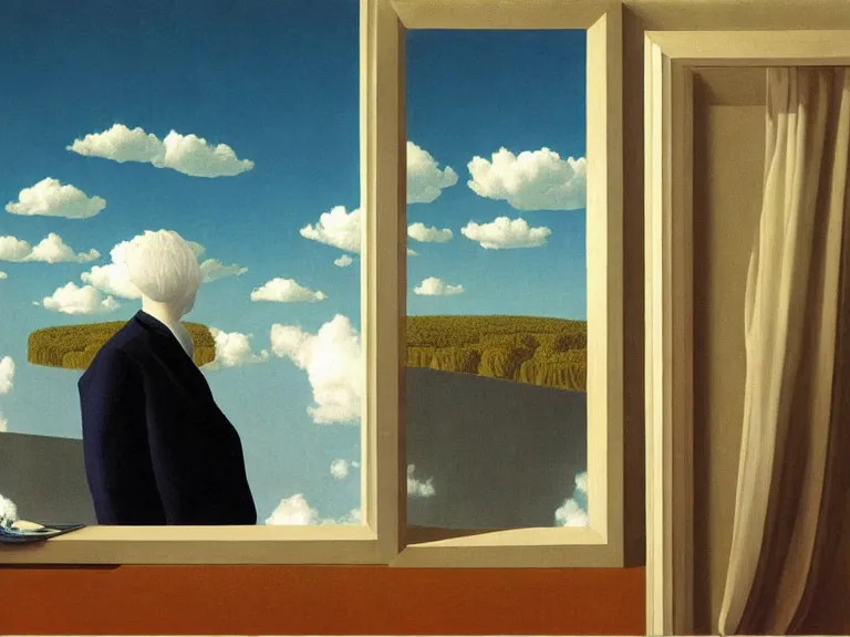 Prompt: room with clouds wallpaper, painting by rene magritte, centered, high detail, high resolution