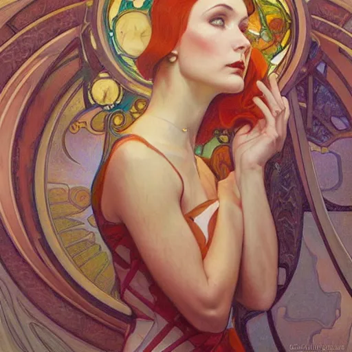 Image similar to a streamline moderne painting in the style of donato giancola, and in the style of charlie bowater, and in the style of alphonse mucha. symmetry, smooth, sharp focus, semi - realism, intricate detail.