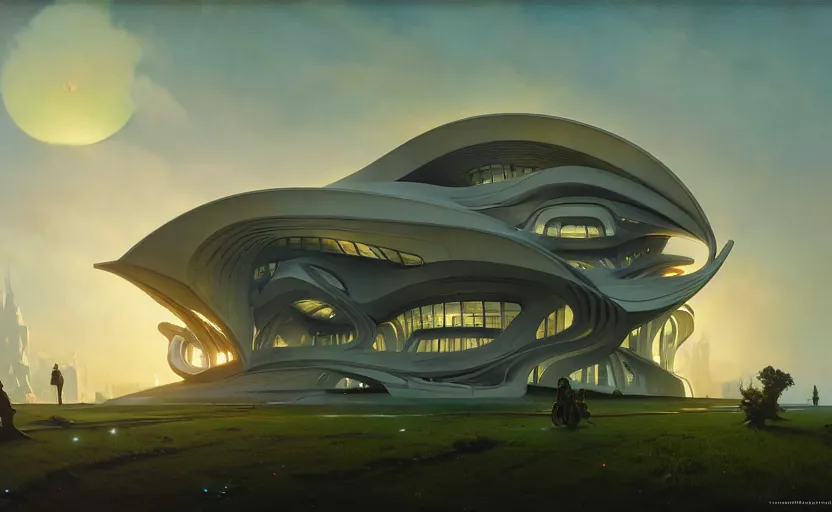 Prompt: exterior shot of utopian architecture school with cinematic lighting by zaha hadid and renzo piano, darek zabrocki and greg ruthkowski, alphonse mucha, simon stalenhag, cinematic, paradise, scifi, futurism, atmospheric, sunset, concept art, artstation, trending on artstation