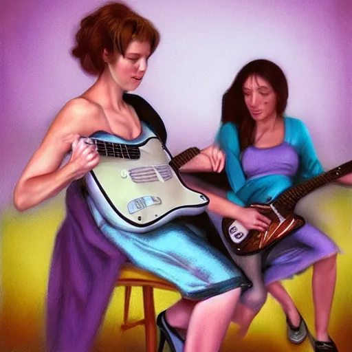 Prompt: women playing guitar, televisions, artstation, photoreal cinema still, pastel in the style of bruce weber