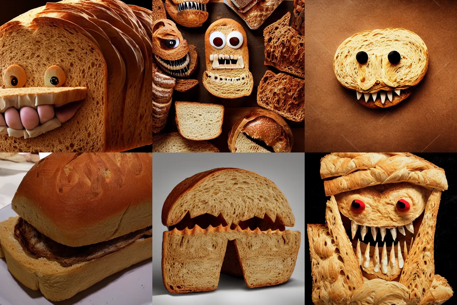 Prompt: an incredibly terrifying monster made out of bread, 4k photorealistic, extremely detailed, high quality, sharp focus, dramatic lighting, scary,