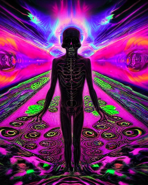 Prompt: psychedelic trip the future and i saw death coming to get me, death, trippy, lots of eyes, 8k, ultra realistic