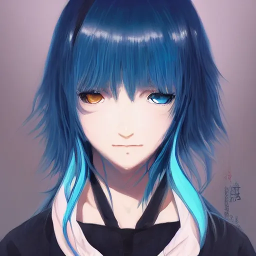 Image similar to full shot of rimuru tempest, sky blue straight hair, long bangs, with amber eyes, wearing a fancy black jacket, high collar, ultra detailed, brush strokes, digital painting, cinematic, wlop artstation, closeup, pixiv, intense, intimidating glare, photorealistic, overpowering, makoto shinkai, rossdraws, andy warhol,