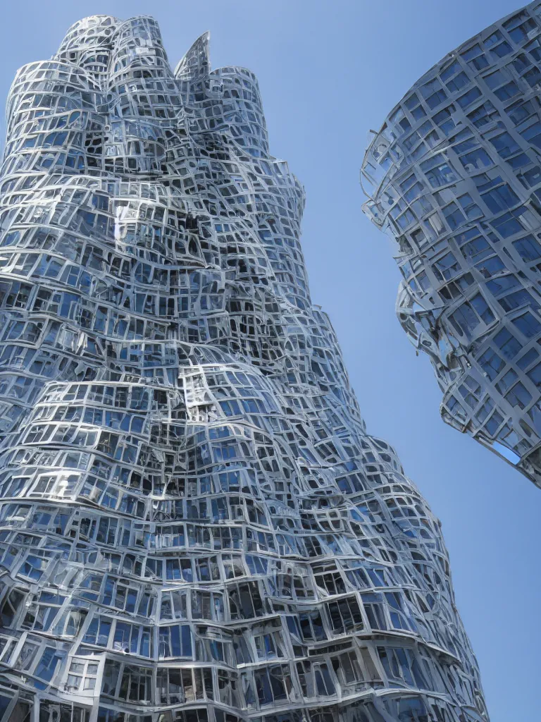 Prompt: a skyscraper from afar designed by frank gehry